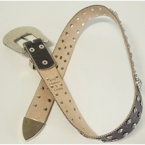 Western Leather S Belt Bling Concho Rhinestone Studs Pave Adjust Buckle - Picture 7 of 8